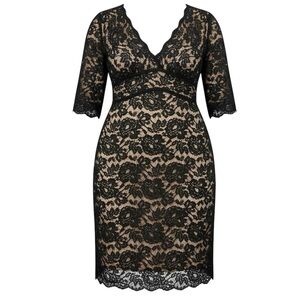 Kiyonna Scalloped Boudoir Lace Short Dress Black Nude Size 2